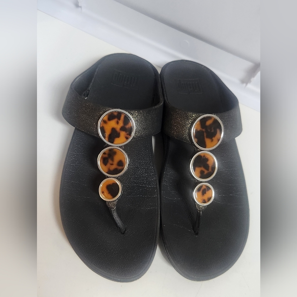 Fitflop Black Sandals with Leopard Pattern Accents